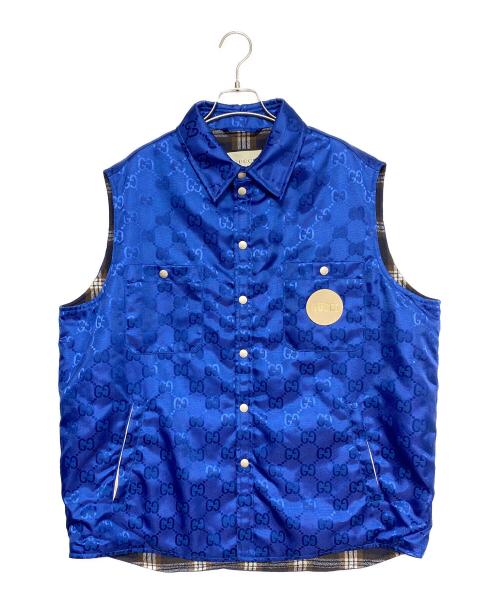 GUCCI（グッチ）GUCCI (グッチ) GG総柄 レザーパッチロゴ ナイロンベスト ブルー サイズ:48の古着・服飾アイテム