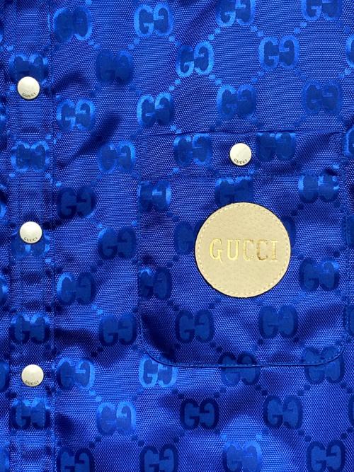 GUCCI（グッチ）GUCCI (グッチ) GG総柄 レザーパッチロゴ ナイロンベスト ブルー サイズ:48の古着・服飾アイテム