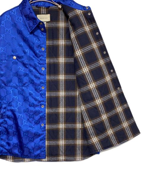 GUCCI（グッチ）GUCCI (グッチ) GG総柄 レザーパッチロゴ ナイロンベスト ブルー サイズ:48の古着・服飾アイテム