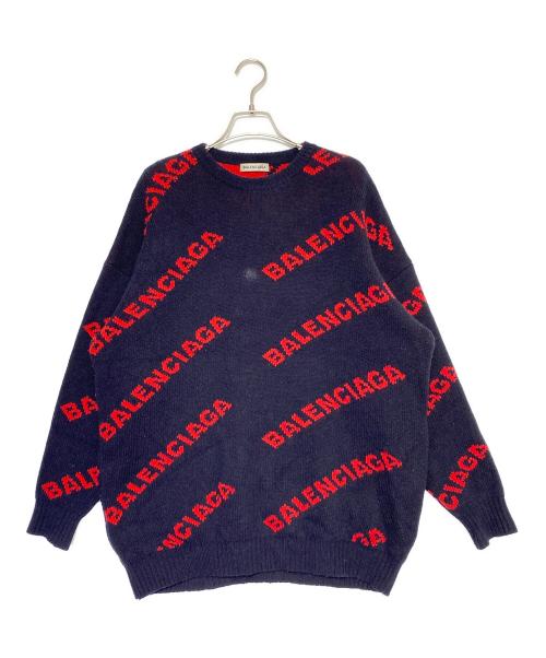 BALENCIAGA（バレンシアガ）BALENCIAGA (バレンシアガ) オールオーバーロゴニット ネイビー×レッド サイズ:XSの古着・服飾アイテム