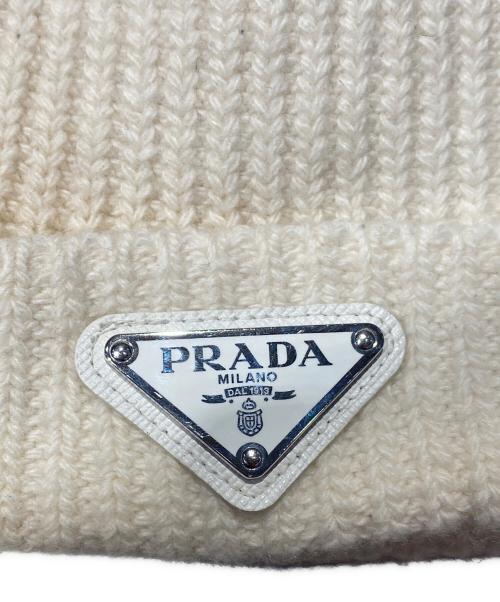 PRADA（プラダ）PRADA (プラダ) トライアングル ロゴプレート ウール&カシミアビーニー ホワイト サイズ:Mの古着・服飾アイテム