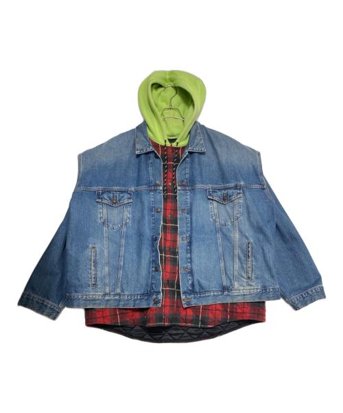 BALENCIAGA（バレンシアガ）BALENCIAGA (バレンシアガ) ツインセットレイヤードチェックデニム中綿ジャケット インディゴ サイズ:50の古着・服飾アイテム