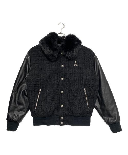 BAPE BLACK（ベイプ ブラック）BAPE BLACK (ベイプ ブラック) Leather sleeve tweed jacket ブラック サイズ:Mの古着・服飾アイテム