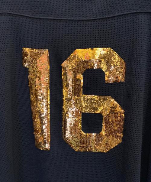 CELINE（セリーヌ）CELINE (セリーヌ) 16 メッシュジャージスパンコールカットソー ブラック×ゴールド サイズ:Lの古着・服飾アイテム
