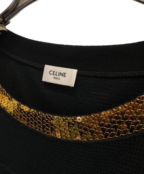CELINE（セリーヌ）CELINE (セリーヌ) 16 メッシュジャージスパンコールカットソー ブラック×ゴールド サイズ:Lの古着・服飾アイテム