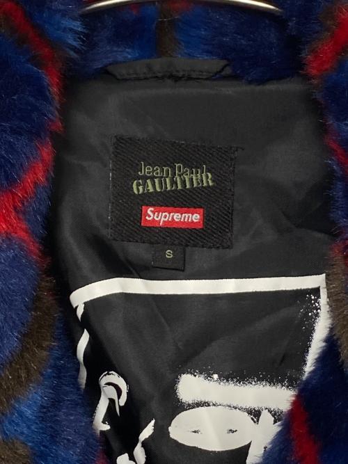 SUPREME（シュプリーム）SUPREME (シュプリーム) Jean Paul GAULTIER (ジャンポールゴルチェ) DOUBLE Breasted Plaid Faux Fur COAT Blue ブルー×レッド サイズ:Sの古着・服飾アイテム
