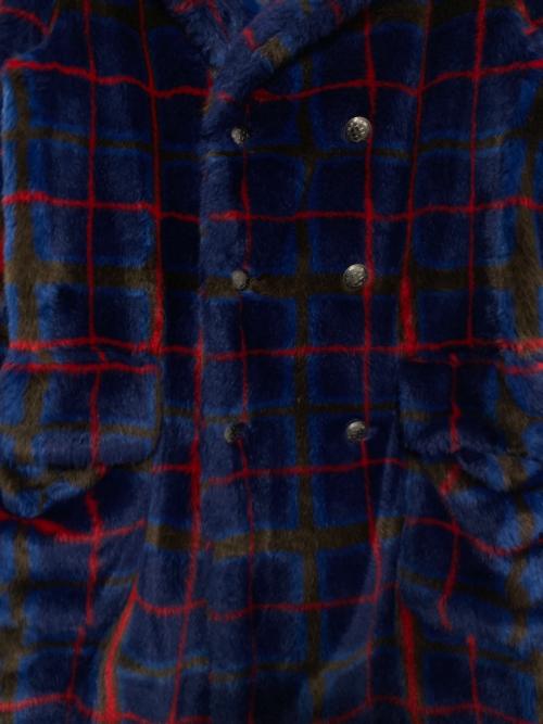 SUPREME（シュプリーム）SUPREME (シュプリーム) Jean Paul GAULTIER (ジャンポールゴルチェ) DOUBLE Breasted Plaid Faux Fur COAT Blue ブルー×レッド サイズ:Sの古着・服飾アイテム