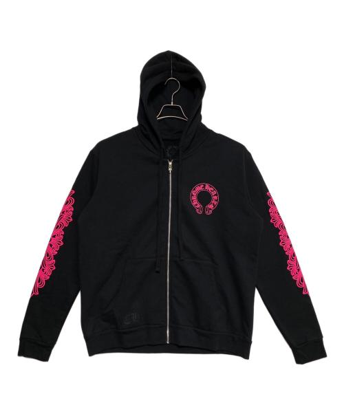CHROME HEARTS（クロムハーツ）CHROME HEARTS (クロムハーツ) SWTSHRT HD ZIP 袖フローラルバックホースシュープリントジップアップパーカー ブラック×ピンク サイズ:L 未使用品の古着・服飾アイテム