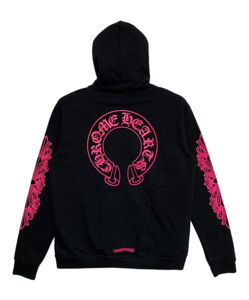 CHROME HEARTS（クロムハーツ）CHROME HEARTS (クロムハーツ) SWTSHRT HD ZIP 袖フローラルバックホースシュープリントジップアップパーカー ブラック×ピンク サイズ:L 未使用品の古着・服飾アイテム