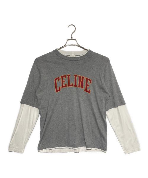 CELINE（セリーヌ）CELINE (セリーヌ) ロゴプリント レイヤード クルーネック長袖Tシャツ グレー サイズ:Lの古着・服飾アイテム