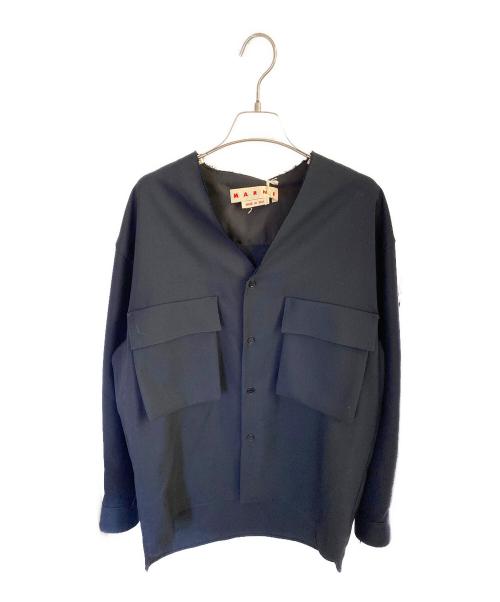MARNI（マルニ）MARNI (マルニ) トロピカルウール ノーカラー Vネックシャツ ネイビー サイズ:46の古着・服飾アイテム