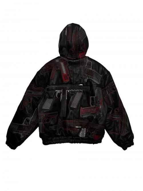 SUPREME（シュプリーム）Supreme (シュプリーム) Guns Embroidered Hooded Leather Jacket ( ガンズ エンブロイダード フーデッド レザー ジャケット ) ブラック サイズ:Lの古着・服飾アイテム
