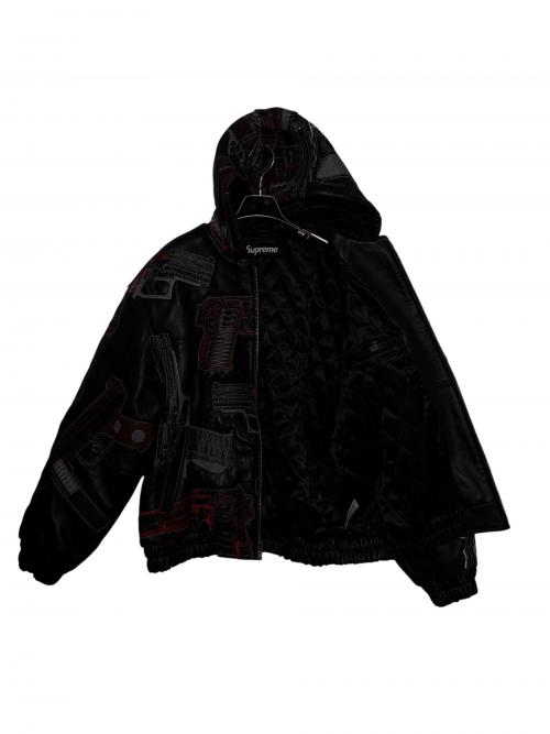 SUPREME（シュプリーム）Supreme (シュプリーム) Guns Embroidered Hooded Leather Jacket ( ガンズ エンブロイダード フーデッド レザー ジャケット ) ブラック サイズ:Lの古着・服飾アイテム