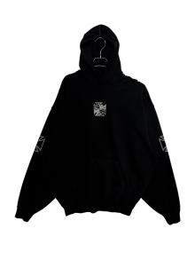 VETEMENTS（ヴェトモン）の古着「TRIPLE BIKER CROSS LOGO HOODIE ( トリプル バイカー クロス ロゴ フーディー )」｜ブラック
