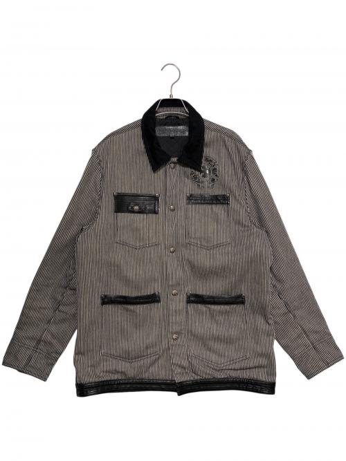 CHROME HEARTS（クロムハーツ）CHROME HEARTS (クロムハーツ) レザー切替 ヒッコリー カバーオール ブラック×グレー サイズ:JVP LARGEの古着・服飾アイテム