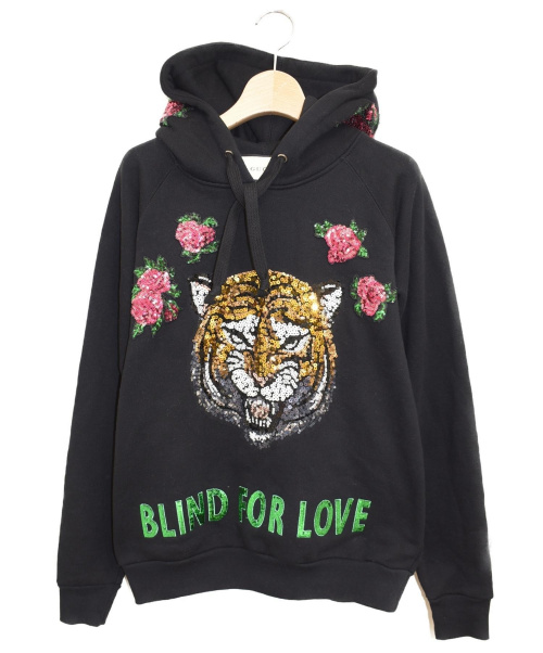 GUCCI（グッチ）GUCCI (グッチ) スパンコールタイガー装飾フーディー ブラック サイズ:XSの古着・服飾アイテム