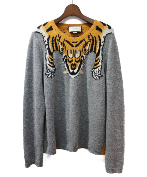 GUCCI（グッチ）GUCCI (グッチ) タイガークルーネックニット グレー サイズ:XLの古着・服飾アイテム
