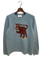 GUCCIグッチ）の古着「タイガーインターシャウールニット」｜ライトブルー