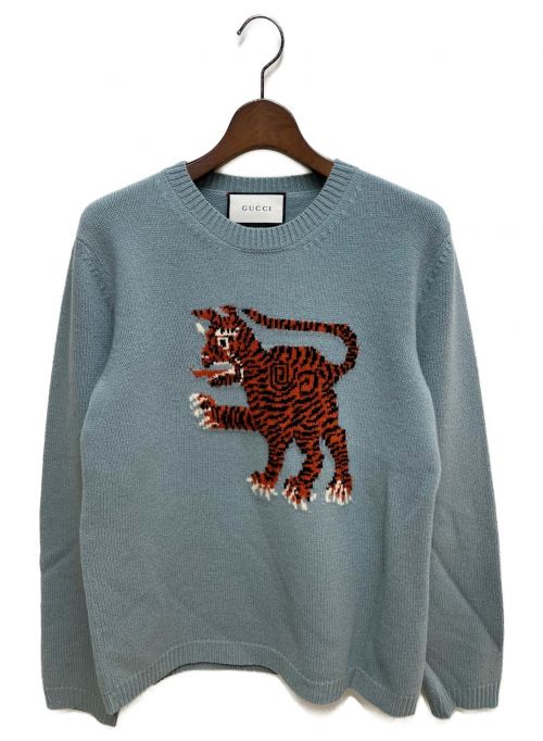 GUCCI（グッチ）GUCCI (グッチ) タイガーインターシャウールニット ライトブルー サイズ:Lの古着・服飾アイテム