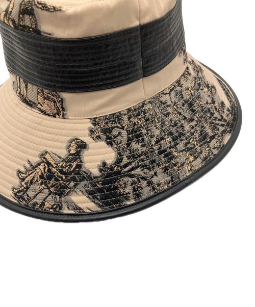 HERMES（エルメス）HERMES (エルメス) レザーパイピング広つばハット ベージュ×ブラック サイズ:58の古着・服飾アイテム