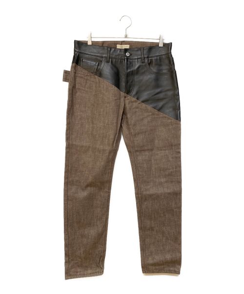 BOTTEGA VENETA（ボッテガベネタ）BOTTEGA VENETA (ボッテガベネタ) レザー切替デニムパンツ レッド×ブラック サイズ:48の古着・服飾アイテム