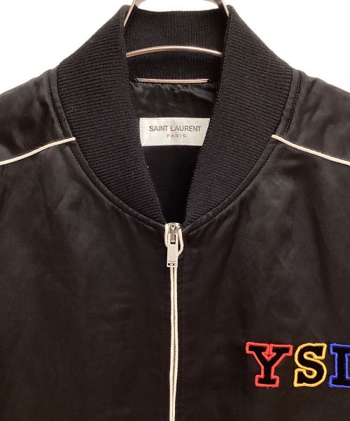 Saint Laurent Paris（サンローランパリ）Saint Laurent Paris (サンローランパリ) Logo Patch Satin Teddy Jacket（ロゴパッチサテンテディジャケット） ブラック サイズ:44の古着・服飾アイテム