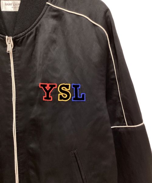 Saint Laurent Paris（サンローランパリ）Saint Laurent Paris (サンローランパリ) Logo Patch Satin Teddy Jacket（ロゴパッチサテンテディジャケット） ブラック サイズ:44の古着・服飾アイテム