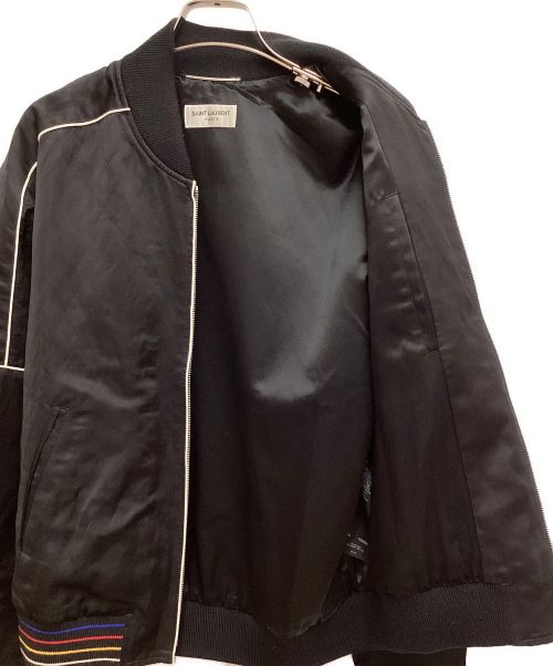 Saint Laurent Paris（サンローランパリ）Saint Laurent Paris (サンローランパリ) Logo Patch Satin Teddy Jacket（ロゴパッチサテンテディジャケット） ブラック サイズ:44の古着・服飾アイテム