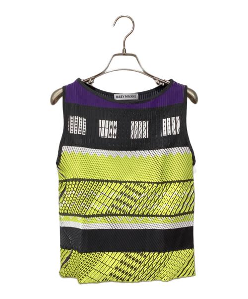ISSEY MIYAKE（イッセイミヤケ）ISSEY MIYAKE (イッセイミヤケ) 総柄ノースリーブカットソー イエロー×ネイビー×ブラック サイズ:2の古着・服飾アイテム
