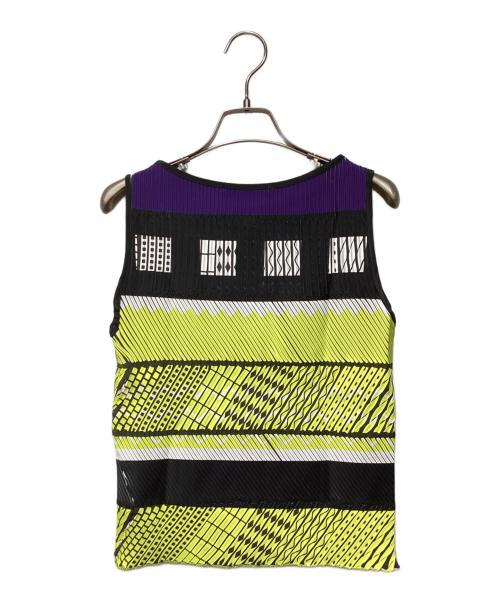 ISSEY MIYAKE（イッセイミヤケ）ISSEY MIYAKE (イッセイミヤケ) 総柄ノースリーブカットソー イエロー×ネイビー×ブラック サイズ:2の古着・服飾アイテム