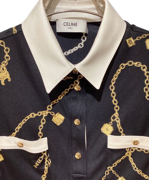 CELINE（セリーヌ）CELINE (セリーヌ) Jewelry Print Silk Polo Blouse（ジュエリープリントシルクブラウス） ブラック サイズ:36の古着・服飾アイテム