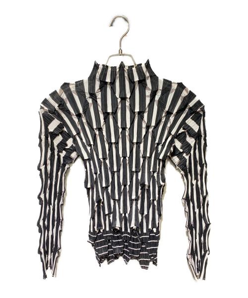 ISSEY MIYAKE（イッセイミヤケ）ISSEY MIYAKE (イッセイミヤケ) PLEATS PLEASE ストライプブラウス ブラック×ホワイト サイズ:Mの古着・服飾アイテム