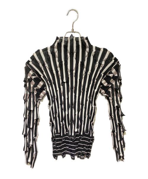 ISSEY MIYAKE（イッセイミヤケ）ISSEY MIYAKE (イッセイミヤケ) PLEATS PLEASE ストライプブラウス ブラック×ホワイト サイズ:Mの古着・服飾アイテム