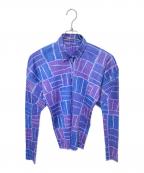 PLEATS PLEASEプリーツプリーズ）の古着「長袖プリーツ総柄ボタンブラウス」｜ブルー×パープル