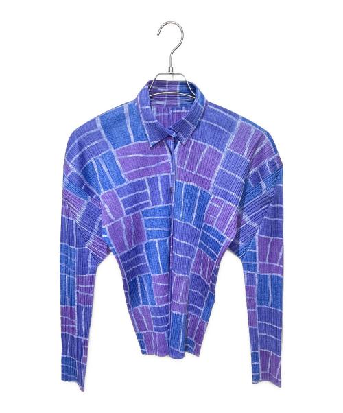 PLEATS PLEASE（プリーツプリーズ）PLEATS PLEASE (プリーツプリーズ) 長袖プリーツ総柄ボタンブラウス ブルー×パープル サイズ:3の古着・服飾アイテム