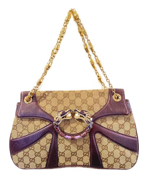GUCCI（グッチ）GUCCI (グッチ) GGキャンパス バンプーチェーンドラゴンショルダーバッグ ブラウンの古着・服飾アイテム