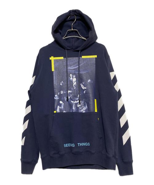 OFFWHITE（オフホワイト）OFFWHITE (オフホワイト) バイアスロゴプリントパーカー ブルー サイズ:Sの古着・服飾アイテム