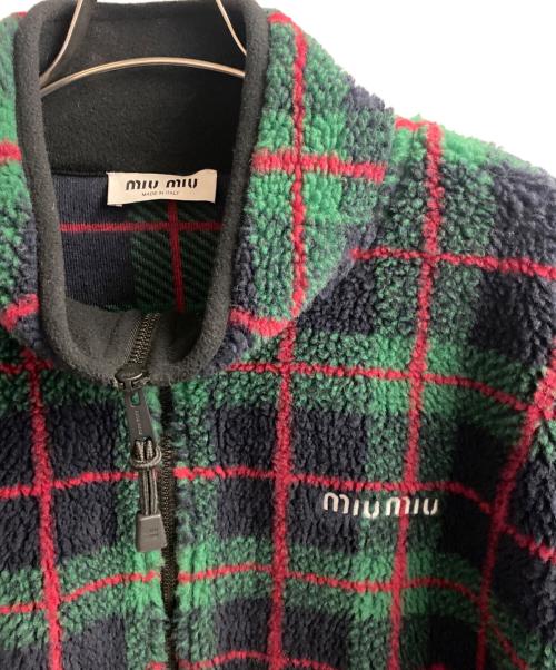 MIU MIU（ミュウミュウ）MIU MIU (ミュウミュウ) チェック柄 テディジッパージャケット グリーン サイズ:XLの古着・服飾アイテム