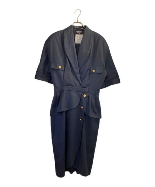 CHANEL（シャネル）CHANEL (シャネル) シルク半袖ワンピース ネイビー サイズ:40の古着・服飾アイテム