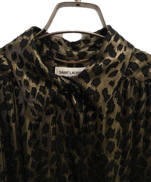 Saint Laurent Paris（サンローランパリ）Saint Laurent Paris Black and metallic gold leopard print collared long-sleeve dress/レオパードシアー ロングスリーブ シャツワンピース サイズ:36の古着・服飾アイテム