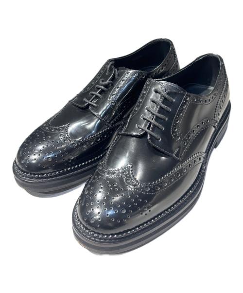 EMPORIO ARMANI（エンポリオ アルマーニ）EMPORIO ARMANI (エンポリオ アルマーニ) ファー付 メダリオン ダービーシューズ ブラック サイズ:6の古着・服飾アイテム