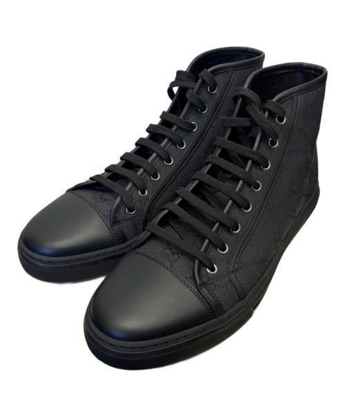 GUCCI（グッチ）GUCCI (グッチ) GGキャンバス レザー レースアップ ハイカットスニーカー ブラック×ネイビー サイズ:8 1/2の古着・服飾アイテム