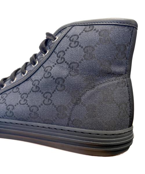 GUCCI（グッチ）GUCCI (グッチ) GGキャンバス レザー レースアップ ハイカットスニーカー ブラック×ネイビー サイズ:8 1/2の古着・服飾アイテム