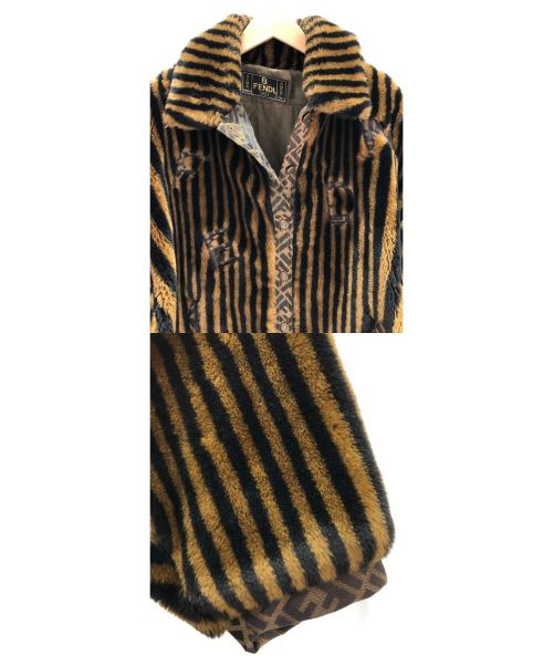 FENDI（フェンディ）FENDI (フェンディ) ズッカストライプフェイクファーコート ブラック サイズ:44の古着・服飾アイテム