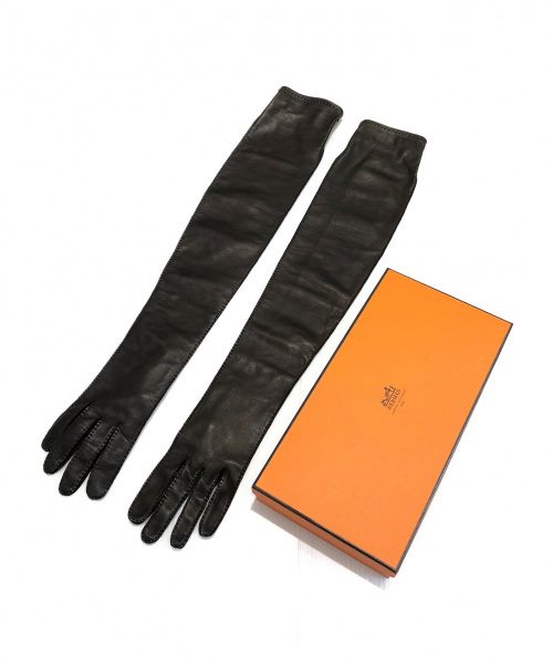 HERMES（エルメス）HERMES (エルメス) レザーロンググローブ ダークブラウン サイズ:7  1/2 ラムスキンの古着・服飾アイテム