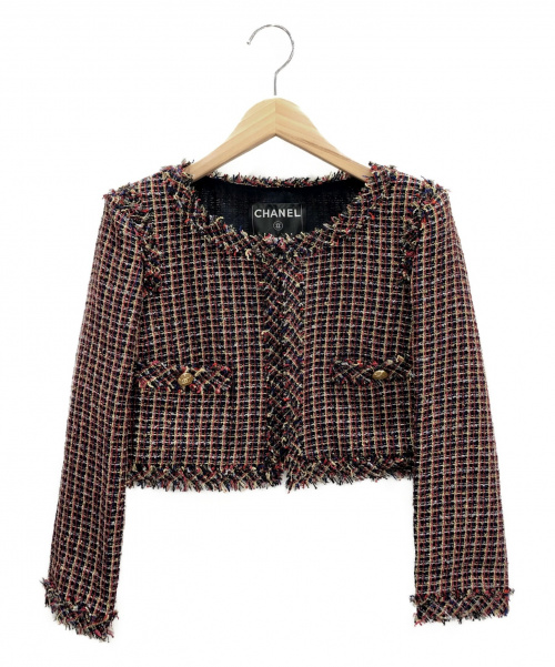 CHANEL（シャネル）CHANEL (シャネル) ショート丈ツイードジャケット レッド×ブラック サイズ:38の古着・服飾アイテム