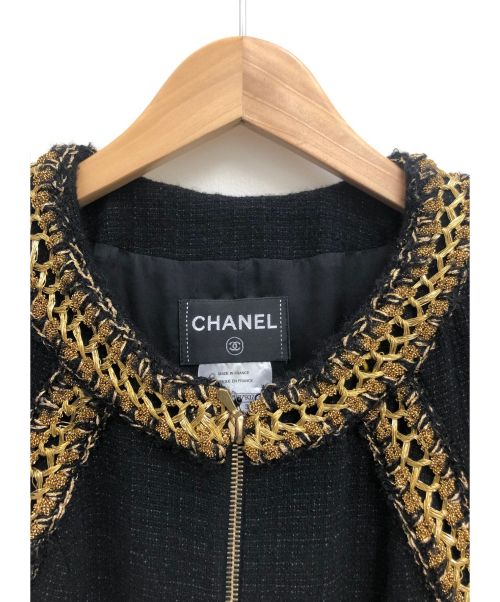 CHANEL（シャネル）CHANEL (シャネル) ゴールドトリムフロントジップツイードワンピース ブラック サイズ:36の古着・服飾アイテム