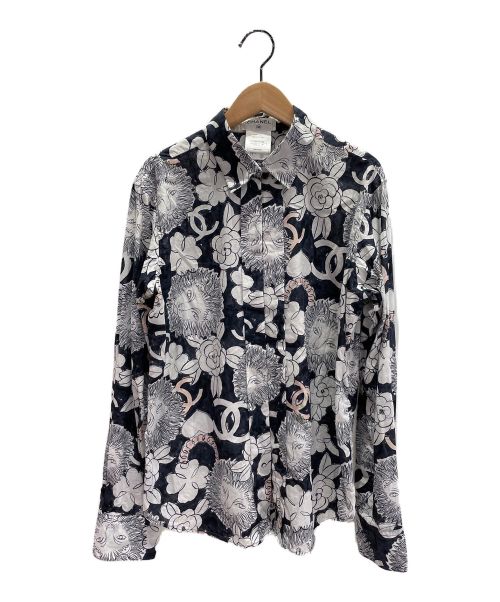 CHANEL（シャネル）CHANEL (シャネル) ライオンフラワー柄シャツ ホワイト×ネイビー サイズ:38の古着・服飾アイテム
