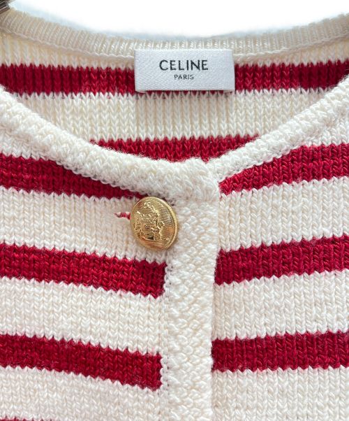 CELINE（セリーヌ）CELINE (セリーヌ) ボーダーニットカーディガン レッド×ホワイト サイズ:XSの古着・服飾アイテム
