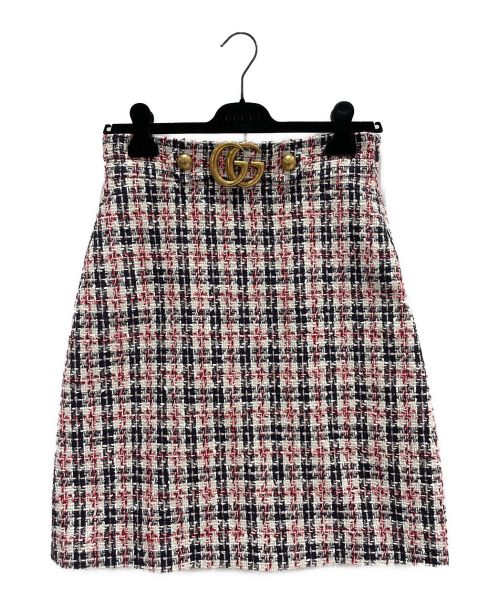 GUCCI（グッチ）GUCCI (グッチ) GGバックル台形ツイードスカート ネイビー×ホワイト×レッド サイズ:44の古着・服飾アイテム